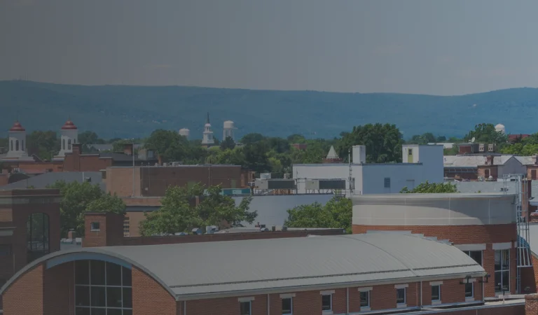 Panoramic view of a small town skyline with buildings, church steeples, and distant mountains under a clear blue sky.