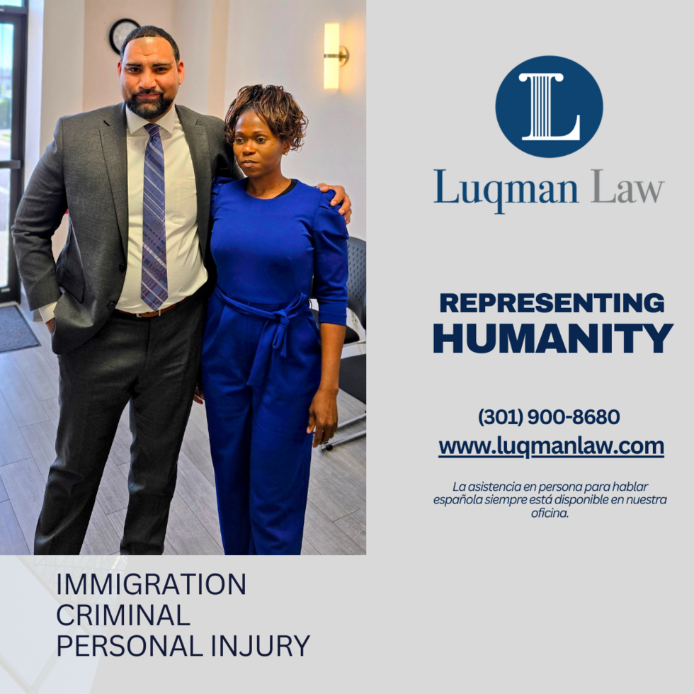 A man in a gray suit with a tie and a woman in a blue jumpsuit posing together in an office setting with the logo and contact information for Luqman Law and text related to legal services in immigration, criminal, and personal injury law.