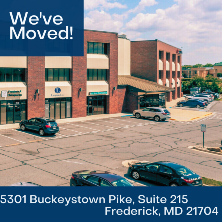 Commercial building with parked cars and visible business signs including "Frederick Chiropractic" and "Langan Law", featuring a message overlay that states "We've Moved!" and the address "5301 Buckeystown Pike, Suite 215 Frederick, MD 21704".