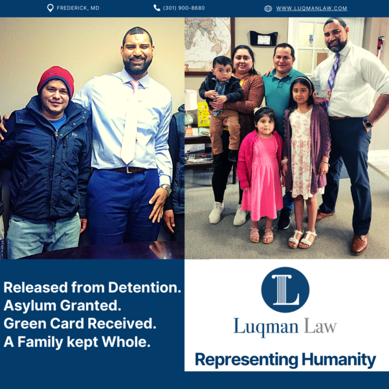 A promotional image for a law firm featuring two photographs side by side. On the left, a lawyer in professional attire stands between two men in a warm office environment. On the right, the same lawyer stands with a family of five, including three young children, in an indoor setting with a map in the background. The image has text overlays stating positive outcomes such as "Released from Detention. Asylum Granted. Green Card Received. A Family kept Whole." and includes contact information and the law firm