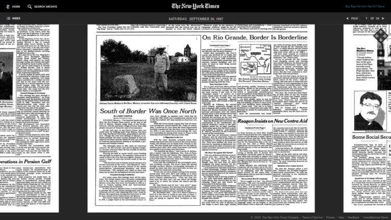 Black and white image of a newspaper page from The New York Times dated September 26, 1987, featuring various articles with text and headlines, a central photograph of a man standing in a field, and smaller images including maps and portraits.