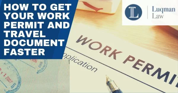 Collage focusing on the theme of securing a work permit, featuring elements like a document labeled 'Work Permit Application' and a pen, with text overlays including "How to get work permit and permanent visa".